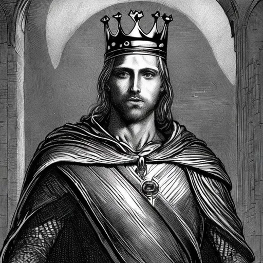 Prompt: king arthur standing with a crown on his head