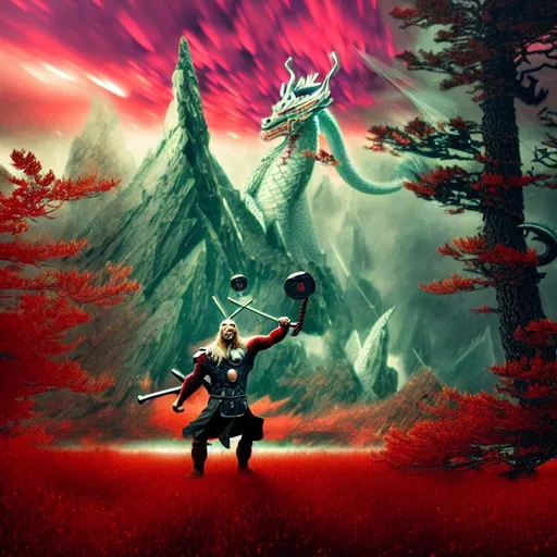 Prompt: thor the ultimate Northman, viking, Nordic, Mage, explosion of crystals, highly detailed supreme aura, dragon, flying under red sky and big symbol, CROWned , creepy luscious green forest , rhads, beeple,  alphonse mucha, clever global illumination, highly detailed and intricate environment background crystals madhouse, 