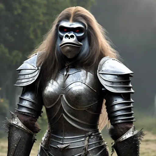 Prompt: Amanda Seyfried in a knight armor changed into a gorilla