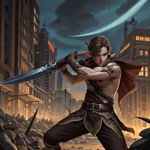 Prompt: brown haired Male Elf fighting enemies with a dark blade,  midevil city background