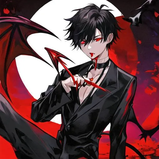 Prompt: Damien  (male, short black hair, red eyes) holding a knife up to his mouth, demon form
