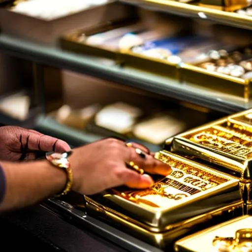 Prompt: Describe the image of a person selling gold at a jeweler's shop, including details about the person's appearance, the jewelry store, and the gold being sold. Also, provide information about the transaction process and any relevant cultural or economic context