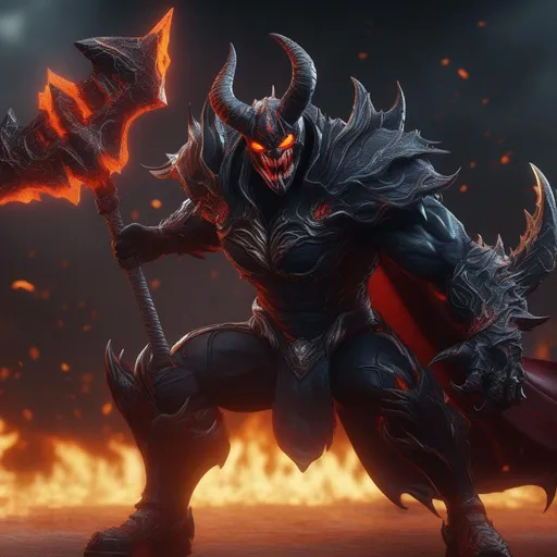 Prompt: a death knight with a Venom mouth (Venom movie), with horns forward on his forehead, orange fire eyes, with big red hammer, FULL BODY, Hyperrealistic, sharp focus, Professional, UHD, HDR, 8K, Render, electronic, dramatic, vivid, pressure, stress, nervous vibe, loud, tension, traumatic, dark, cataclysmic, violent, fighting, Epic