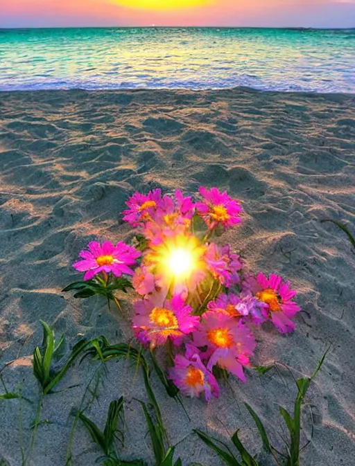 Prompt: Flowers behind beach sunrise