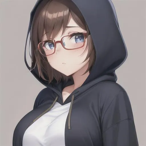 Prompt: A woman, brown hair, short hair, big round glasses, dark hoodie with shirt under, blue eyes, happy, blushing, cosy, moody, flat chest, freckles, cute looking,
