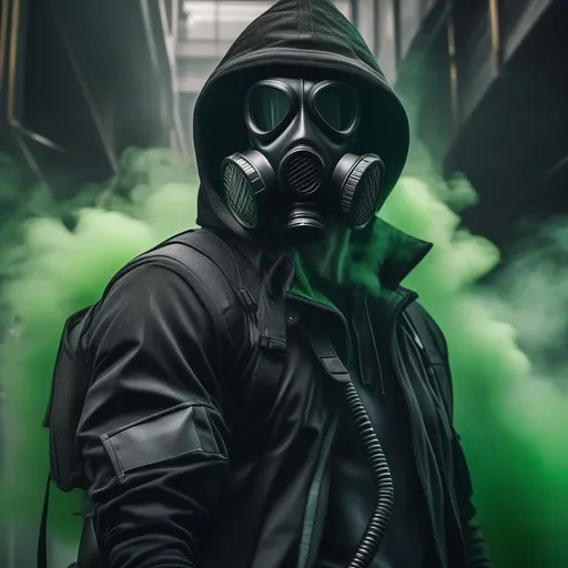 Prompt: Male agent with a gas mask, black and grey cyberpunk outfit with a hood, Surrounded by green smoke, Hyperrealistic, sharp focus, Professional, UHD, HDR, 8K, Render, electronic, dramatic, vivid, pressure, stress, nervous vibe, loud, tension, traumatic, dark, cataclysmic, violent, fighting, Epic