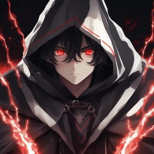 Prompt: Anime character, cool, magical eyes, boy, medieval, wearing a cloak, with red glowing eyes and black curly hair