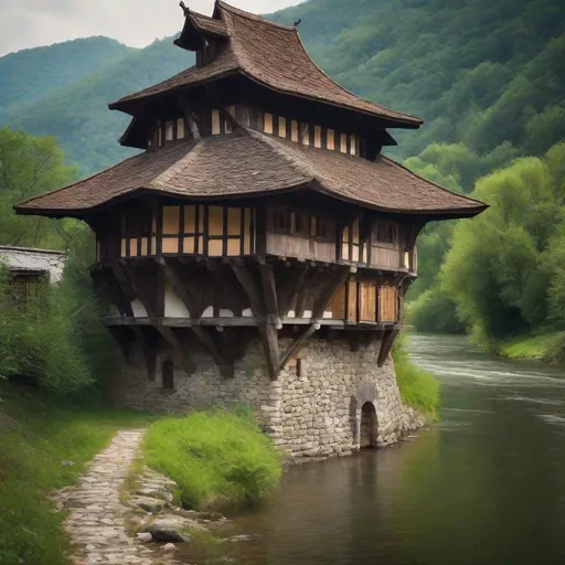 Prompt: medieval stone tower, pointed wooden roof, ((otherworldly)), Beautiful space, along a scenic river bank