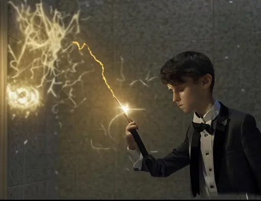 Prompt: 13 year old boy in a tuxedo cast a magic spell on someone in a bathroom stall with his magic wand  from the outside. Do not show the inside of the stall. Just show the boy in his tuxedo pointing his magic wand and casting the spell on the stall that has crazy magic spewing out of the top every wich way
