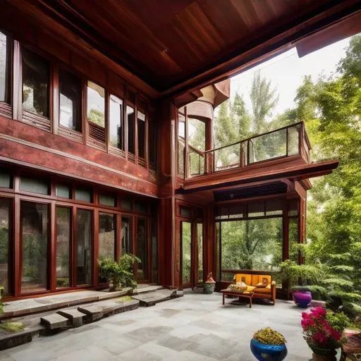 Prompt: kashmiri architectural house mixed with american mid-century inspired interiors features big bay glass windows, garden and porch, with modern feel