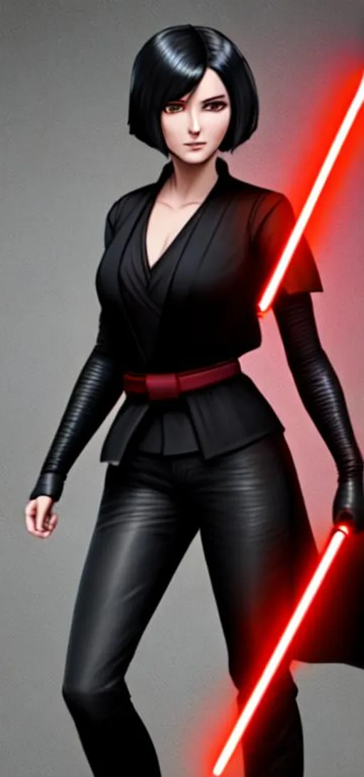 Prompt: Digital Art, A young woman Sith lord, with black short-length hair, black pants, a subtle smile, a black short sleeve shirt, a black vest past the waist, a black belt, sleek black boots, two lightsabers one red, and one light pink, unreal engine 8k octane, full body, full gear