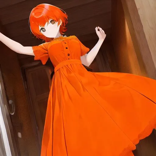 Prompt: girl with orange short hairs orange hairs  buetiful orange dress