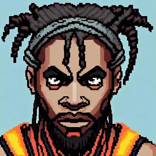 Prompt: Make a 80s video game face portrait in 8 bit black male with dreads in pony tail add ∞ to forehead