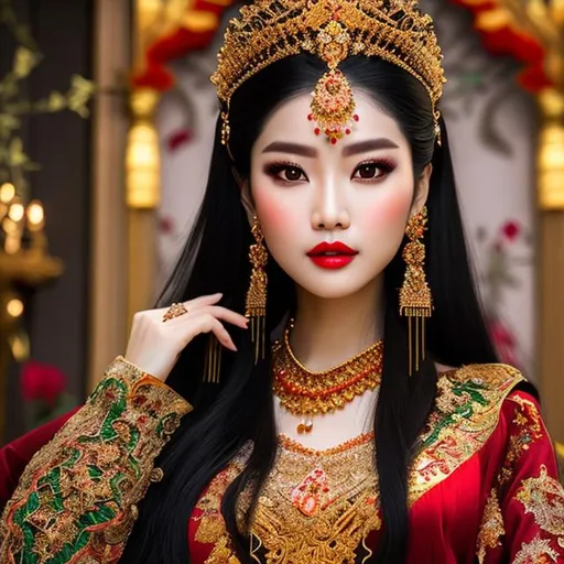 Prompt: beautiful oriental empress, long black hair, gold tiara adorned with red and green gems, perfect detailed face photo-realistic, ultra-realistic, hyper-realistic, ethereal random color Power Rage, 3d anime style vector, 3d full shot, standing pose, abstract alcohol ink, Artwork styles, highly detailed, intricately designed traditional Mandarin gown, detailed symmetric beautiful green eyes, highly detailed gorgeous face, dynamic pose, ethereal, in the style of artists like Russ Mills, Darek Zbaracki, Ivan Saakashvili, Jean-Baptiste Monge. Ink Dropped in water, splatter drippings, paper texture, pulp Manga, and perfect shading, with dramatic lighting. The artwork should be centered, stylized, and elaborate. rendered in 8K resolution for high-quality detail, artstation, concept art, smooth, sharp focus, illustration, highly detailed, soft natural volumetric, 30 yrs