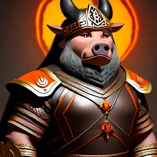 Prompt: A humanoid Pigman wearing black and orange Mayan/Viking armor.