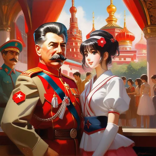 Prompt: Stalin meets anime girls, anime style, extremely detailed painting by Greg Rutkowski and by Henry Justice Ford and by Steve Henderson 