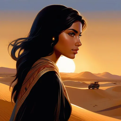 Prompt: Third person, gameplay, Algerian girl, tan skin, black hair, hazel eyes, desert, golden atmosphere, cartoony style, extremely detailed painting by Greg Rutkowski and by Henry Justice Ford and by Steve Henderson 