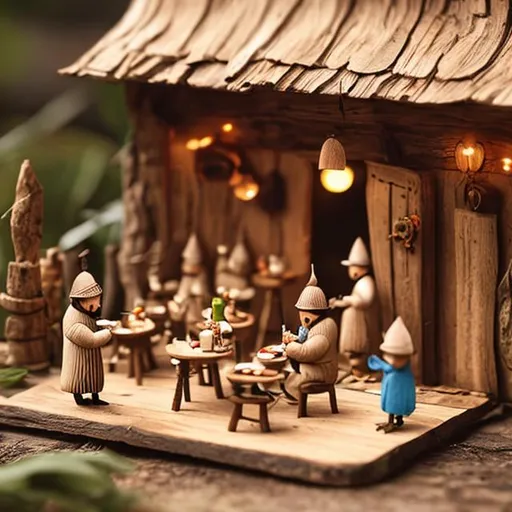 Prompt: tiny wooden banquet hall, tiny wooden people drinking, dining, dancing



