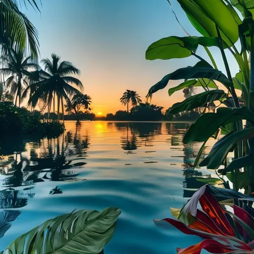 Prompt: morning sunrise over water surrounded by tropical plants 