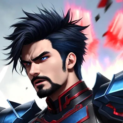 Prompt: Cinematic, young man, handsome, blue red dark combat armor, good shape, facial hair, two block dark grey hair, screaming, fury