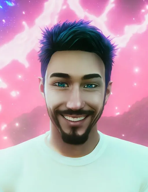 Prompt: character design, portrait of handsome male,Smiling,
 with midnight galaxy dragon scale armor, ultra realistic, cinematic, unreal engine, Original, Neon Light Background