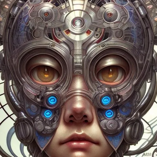 Prompt: tachikoma, beautiful face features, symmetrical face, cybernetic, hyper realistic, ethereal, Alphonse mucha, beautiful eyes, Akihiko yoshida, confused face, bright lighting, sakimichan