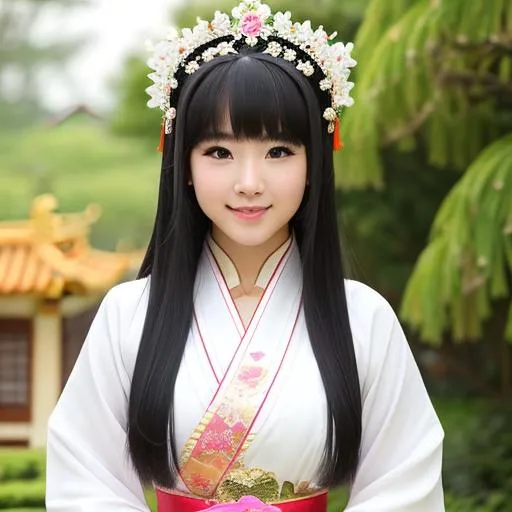 Prompt: Please make a Full body photo (head to toe) of a beautiful girl (looks like japanese idol) is waering Chinese maiden costume(push-up breasts),Chinese female martial artist's hairstyle, perfect face, charming eyes, looking at the sky, beautiful smile,lovely poses, standing in garden, professional photoshoot symmetrical face, smiling at the camera Bright eyes with highlights . professional lighting, highly detailed art by greg rutkowski slightly open sensual mouth professionally retouched