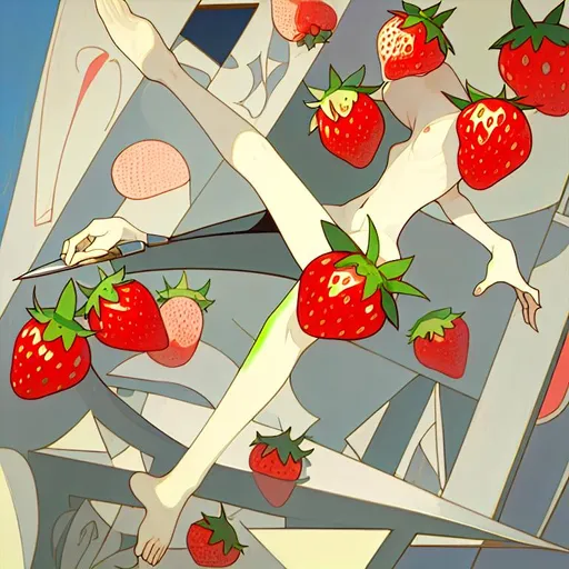 Prompt: a Picasso's styled canvas of strawberries floating in a sky escaping the Knife police