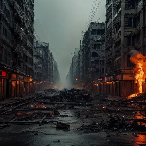 Prompt: City in war-torn destruction and overgrowth dramatic lighting cinematic shots of skulls in smoke and fire in the streets. illusions of the human skull
 



