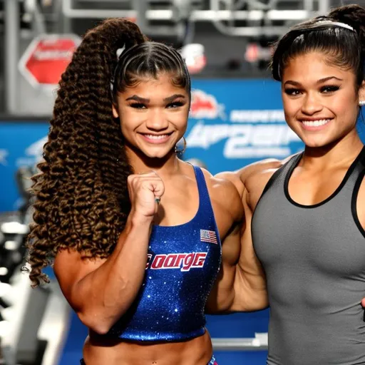 Prompt: zendaya, dani speegle, bodybuilder, athletic clothes, tall