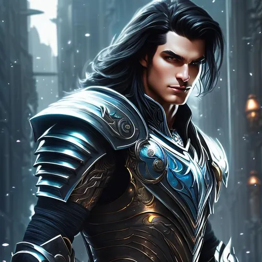 Prompt: Handsome man, muscular, long black hair, pale skin, blue eyes, fantasy art style, painting, armour, biological mechanical, evil, full body, pipes, metal, chrome, reflective, fighting, detailed face, detailed, hyper detailed, handsome, mischievous  