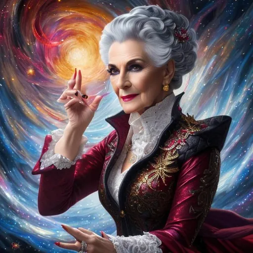 Prompt: (8k, 3D, UHD, highly detailed, hyper-detailed, masterpiece, detailed oil painting) Portrait of a Mature Attractive Upperclass 
Tiefling Woman with Greying Hair, smug, wearing a dazzling outfit combining the colors of red, silver, and white. shooting out magic from her right hand, Planets in a starry cloudy sky, perfect hands,