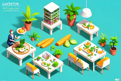 Prompt: a detailed lunch on the table while relaxing at work in a bright and clean workspace, in a plants environment, cute isometric art, bright, trending on artstation, 4k, rendered in blender + cinema4d, white background