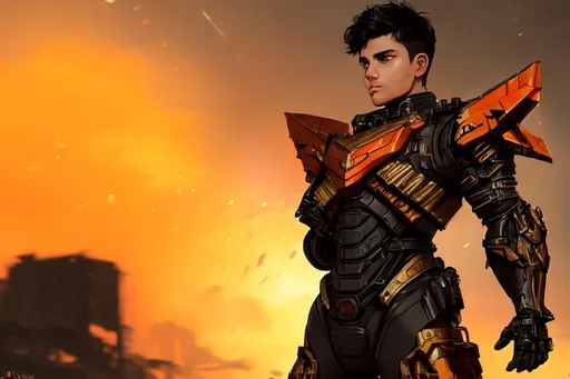 Prompt: The armored pilot has light brown eyes, short black hair, and is a young Hispanic male in his twenties. A short and stocky pilot in full red, black, gold and orange combat armor. T pose turnaround. highly detailed, speed painting, Trending on artstation , HD quality, cinematic scene