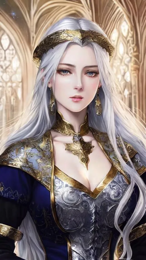 Prompt: Beautiful, medieval lady, fair pale skin, bright lustrous silver-gold hair, long wavy hair, hair like moonlight, fine pale eyes, flowing silver dress, best quality, hyper-detailed perfect face, long legs, perfect body, high-resolution beautiful face, perfect proportions, intricate hyper-detailed hair, light makeup, sparkling, highly detailed, intricate hyper-detailed shining eyes, Elegant, ethereal, graceful, HDR, UHD, high res, 64k, cinematic lighting, special effects, hd octane render, professional photograph, studio lighting, trending on artstation sensual, pensive, graceful, detailed masterpiece, detailed composition, full-body shot, large bosom, proportionate limbs, hourglass figure, long eyelashes 