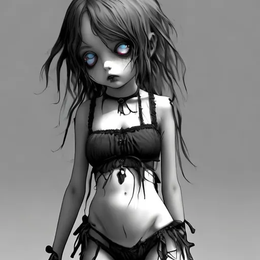 Prompt: creepy dead gothic loli bikini waifu, by tim burton, hdri preset, high resolution hyper detailed charcoal sketch, artistic shading