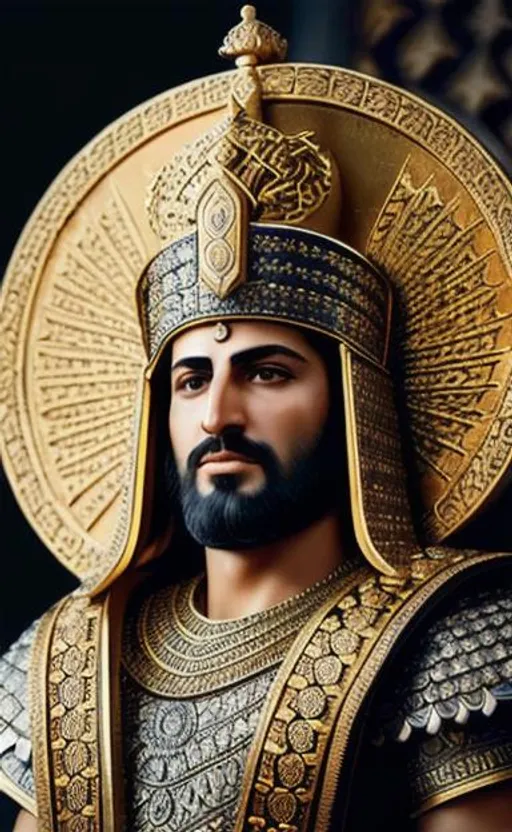 Prompt: Full portrait of Achaemenid king Cyrus the Great, Persian castle, intricate, rugged, highly detailed, artstation, concept art, sharp, sharp focus, extremely, detailed environment, detailed background, intricate, detailed skin, natural colors , professionally color graded, photorealism, 8k, moody lighting