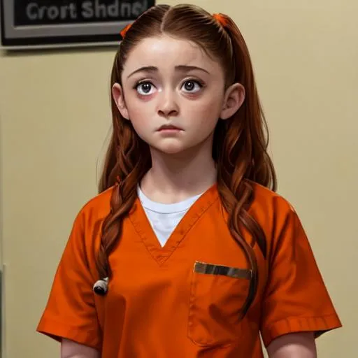 Prompt: anna cathcart in prison wearing orange scrubs prison uniform