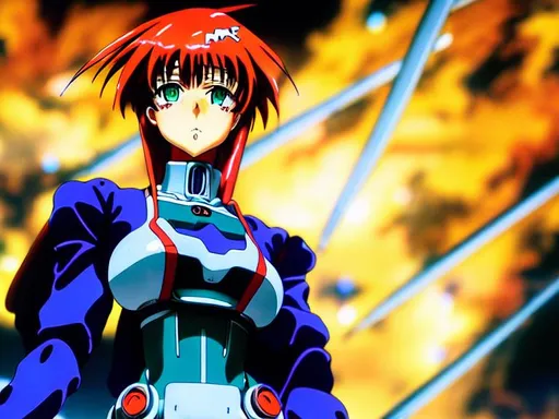 Prompt: female Asuka from Neon Genesis Evangelion standing on-top of Unit 02 mecha, vintage 90's anime style, sci-fi, biomechanical, action horror, gothic cyberpunk, anime art, modern animation, highest quality, cinematic, depth perception, sharp focus, masterpiece, award winning, high resolution, rich deep colors, composition of perspective fractal grids, science of energy, signal processing, art by Yoshiyuki Sadamoto and Yukito Kishiro, animation by Gainax and Tatsunoko Production, 8K