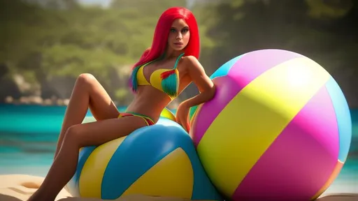 Prompt: Female anthro bikini parrot sitting on her giant beach ball.