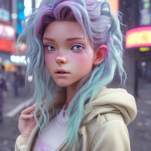 Prompt: New character. Stunning. Cute. Dimples. Mesmerising . Pheromones. Innocent. Naive. Alluring. Young woman. beauty. Interesting eye makeup. Pastel coloured hair. Incredibly gorgeous. Sweet. Very Futuristic clothes. Realistic. Gritty. Detailed. Medium close-up. Neo Tokyo background. Bait