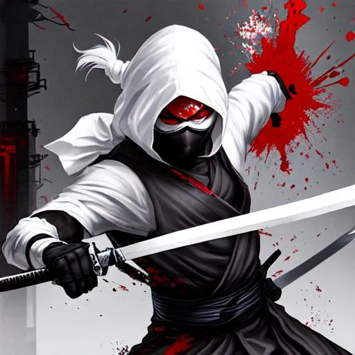 Prompt: Ninja wielding Katana with White Cloths Covered with Blood in Cyber Punk City