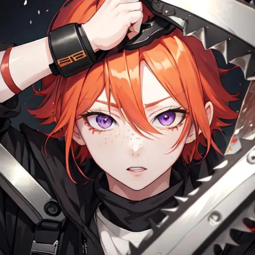 Prompt: Erikku male adult (short ginger hair, freckles, right eye blue left eye purple) UHD, 8K, Highly detailed, insane detail, best quality, high quality, holding a chainsaw, anime style