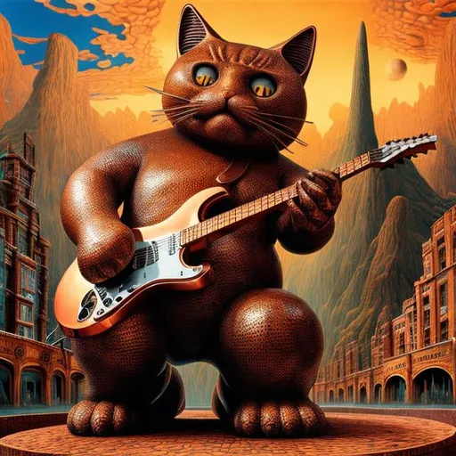 Prompt: giant copper statue of giant cat playing a guitar, widescreen view, infinity vanishing point, in the style of Jacek Yerka