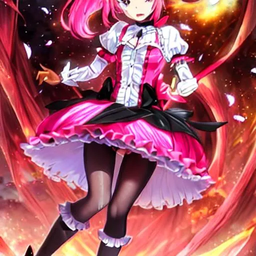 Prompt: anime, (masterpiece), best quality, expressive eyes, perfect face, full body, 1girl, pink haired fourteen years old girl, dressed in a frilly black and pink dress, wielding a black hunting bow, black and red chocker with a pink gem, short pink hair, pink eyes, short twintails, black hair ribbons, black stockings, red Mary Jean shoes, sad expression, tears,