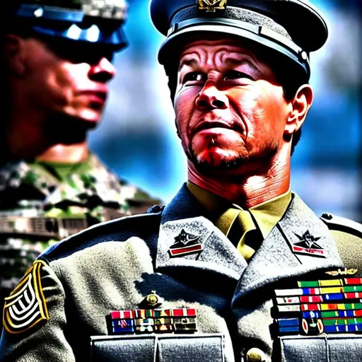 Prompt: Mark Wahlberg as a soldier portrait, high quality, 8k, hdr, uniform, high detail, 