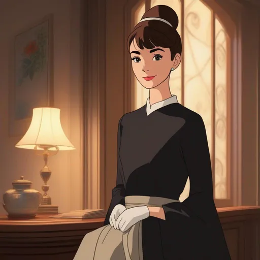 Prompt: ghibli movie character based off of audrey hepburn, consistent lighting and mood throughout