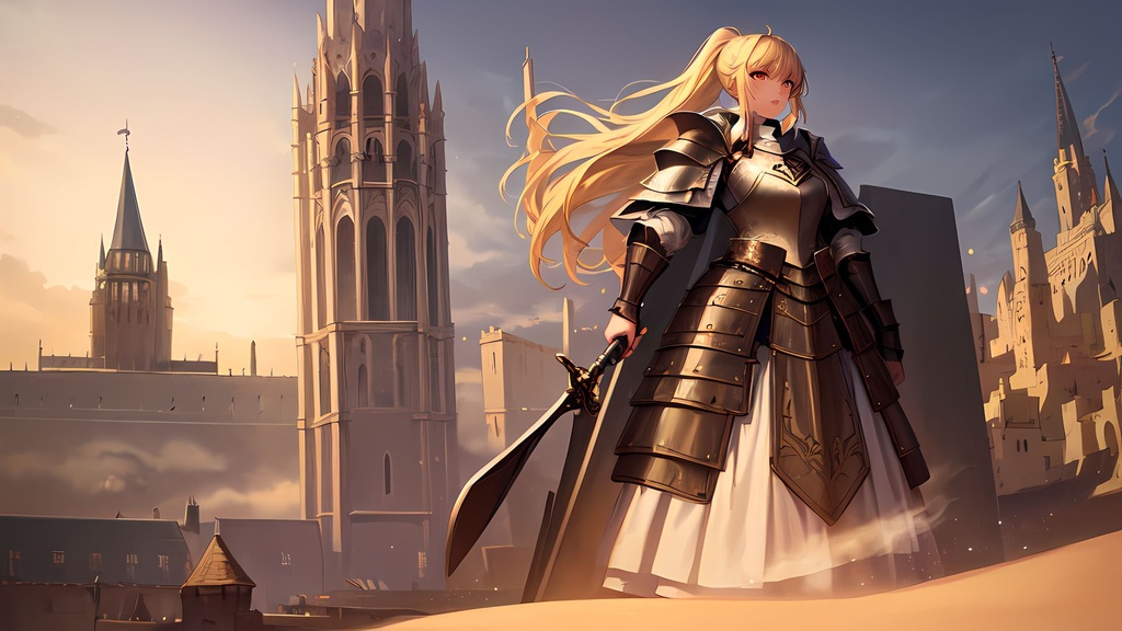 Prompt: ((best quality)), ((illustration)), ((masterpiece)), 1girl, blonde hair, long hair, ponytail, ahoge, medieval, armor, full armor, holding sword, castle, sand castle, giant castle, eyes to looking at viewer