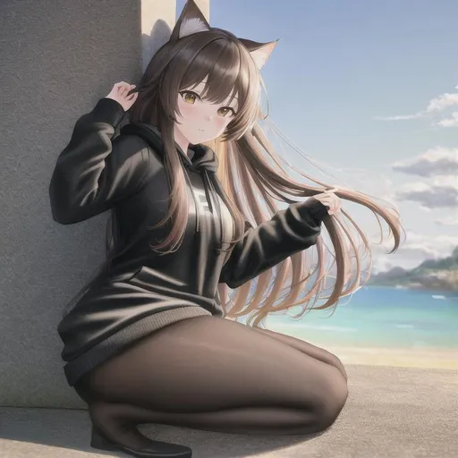 Prompt: oil painting, UHD, hd , 8k,  anime, hyper realism, Very detailed, zoomed out view, clear visible face, full character in view, clear visible face, cat girl character with long brown hair, wears a black hoodie with leggings
