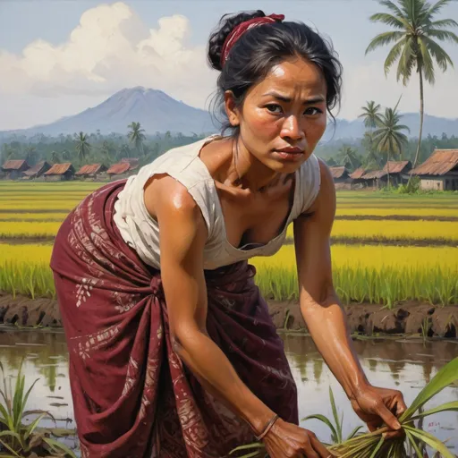 Prompt: style of (Ilya Yefimovich Repin), In the 18th century Dutch East Indies Indonesia on Java Island, at daybreak sunrise a village woman working at the rice field bent over 90 degree at waist with her back straight planting rice seedlings. she is wearing a (white button up stringer tank-top) and (maroon batik sarong drapes from the hip down) knotted at hip. She is 35 yo, has dark expressive almond-shaped eyes, full lips, high cheekbones, mesorrhine nose, curvaceous, full figured, toned abs. extreme close up, front view shot, looking at camera. acrylic painting, palette knife and brush strokes, 